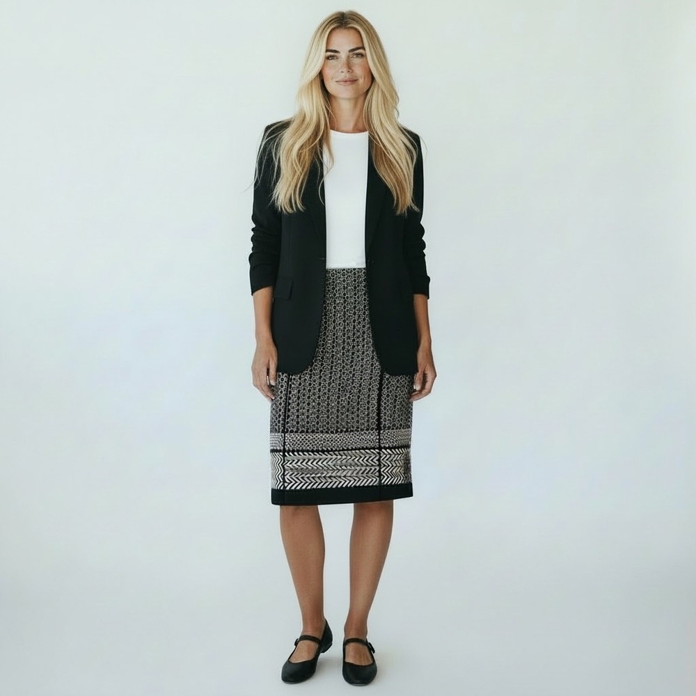 J.‎ Crew | Paneled Black & Cream Geometric Jacquard Pencil Skirt Size 4 Office